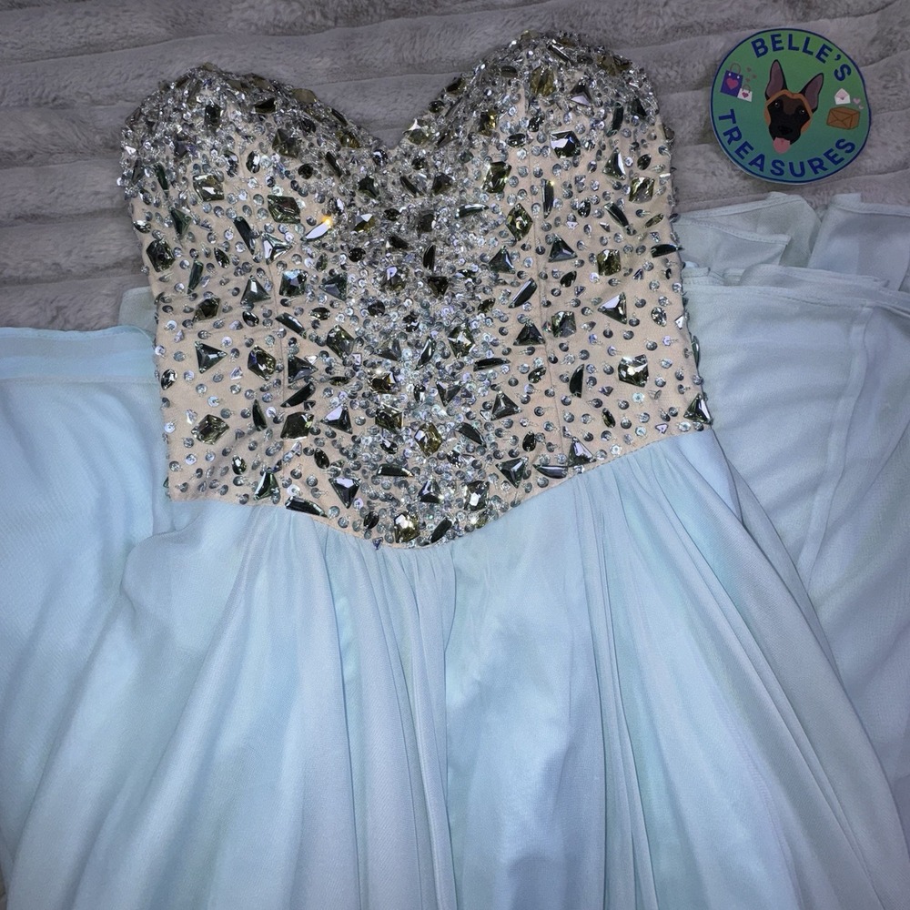 Terani Couture Sz‎ 0 Strapless Sweetheart Blue Rhinestone Corset Prom Gown Dress